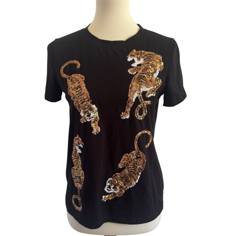 Queen of Sparkles Black Sequined Crawling Tigers Short Sleeve T-Shirt Size Small